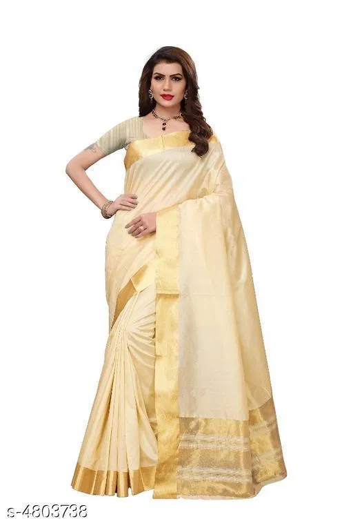 Cotton Silk Printed Saree for Women, Cream & Gold (6.3 m)