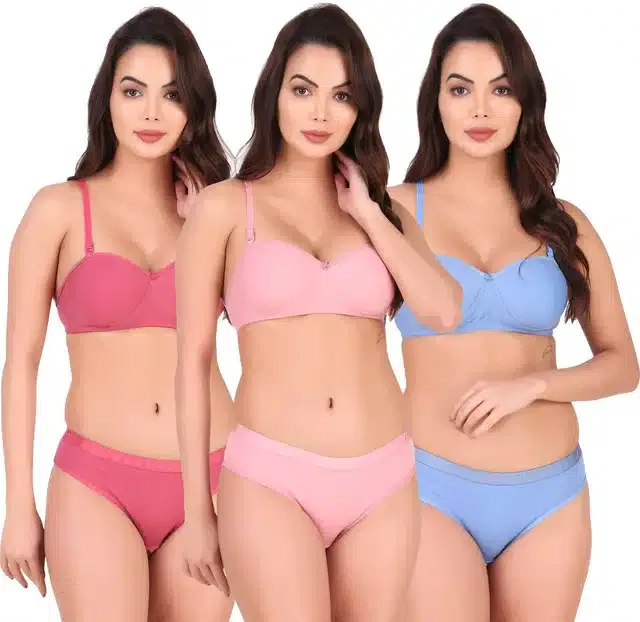 Pure Cotton Lingerie Set for Women (Multicolor, 30A) (Set of 3)