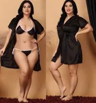 Satin Solid Babydoll Lingerie Set for Women (Black, L)