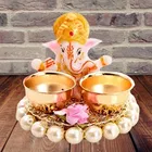 Metal Decorative Ganpati Haldi Kumkum Stand with 2 Roli Chawal Holder, Multicolor