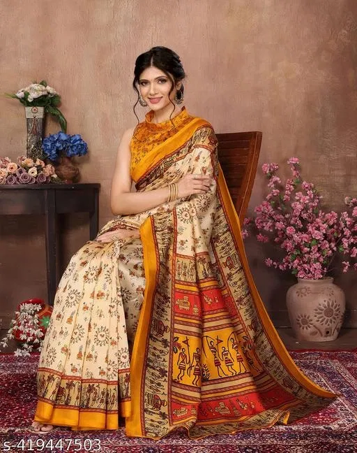 Art Silk Printed Saree for Women, Cream (6.3 m)