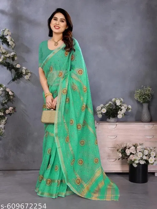 Kota Doria Cotton Bandhani Printed Saree for Women (Green, Colour)