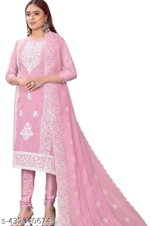 Chanderi Cotton Embroidered Punjabi/All Over Suits for Women (Pink, Un Stitched)